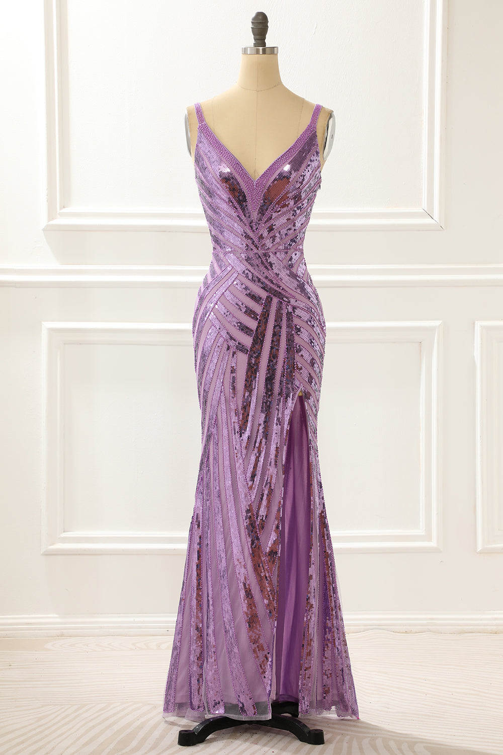 Bridesmaid Dresses Styles, Purple V-neck Sparkly Prom Dress with Slit