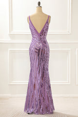 Bridesmaides Dresses Long, Purple V-neck Sparkly Prom Dress with Slit