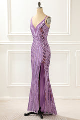 Bridesmaide Dresses Long, Purple V-neck Sparkly Prom Dress with Slit