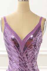 Bridesmaids Dresses On Sale, Purple V-neck Sparkly Prom Dress with Slit