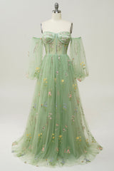 Party Dress Winter, Green Off The Shoulder Long Sleeves A-Line Prom Dress