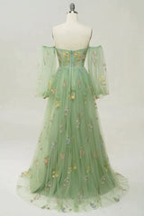 Evening Dresses Long Elegant, Green Off The Shoulder Long  Sleeves A-Line Prom Dress With Embroidery