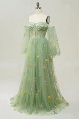 Evening Dress Long Elegant, Green Off The Shoulder Long  Sleeves A-Line Prom Dress With Embroidery