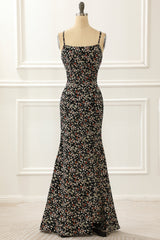 Semi Formal Dress, Black Spaghetti Straps Simple Prom Dress with Floral Print