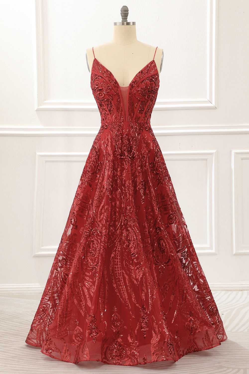 Bridesmaid Dress Blushes, Spaghetti Straps Red Sparkly Corset Prom Dress