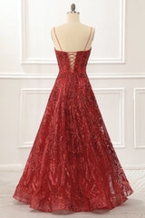 Bridesmaid Dressed Blush, Spaghetti Straps Red Sparkly Corset Prom Dress