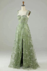 Prom Dresses Glitter, Stunning A-Line Long Tulle Prom Dress with Split And 3D Butterflies