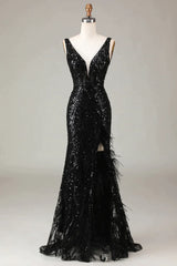 Prom Dress Black, Glitter Black Mermaid V-Neck Long Feathered Prom Dress With Slit