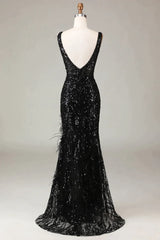 Prom Pictures, Glitter Black Mermaid V-Neck Long Feathered Prom Dress With Slit