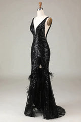 Open Back Prom Dress, Glitter Black Mermaid V-Neck Long Feathered Prom Dress With Slit