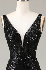 29 Th Grade Dance Dress, Glitter Black Mermaid V-Neck Long Feathered Prom Dress With Slit