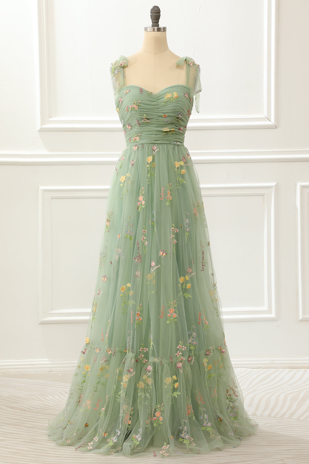 Bridesmaid Dressing Gowns, Tulle Green A Line Prom Dress with Embroidery