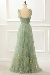 Bridesmaids Dressing Gowns, Tulle Green A Line Prom Dress with Embroidery