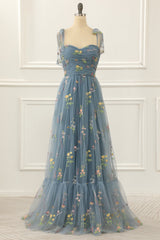 Bridesmaids Dress With Sleeves, Grey Blue Tulle A Line Prom Dress with Embroidered