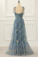 Bridesmaid Dress With Sleeves, Grey Blue Tulle A Line Prom Dress with Embroidered