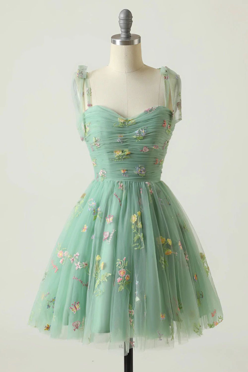 Bridesmaid Dresses With Sleeve, Green Spaghetti Straps Short Homecoming Dress with Embroidery