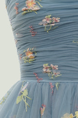Bridesmaid Dresses Mismatched Spring Wedding Colors, Grey Blue Spaghetti Straps Short Homecoming Dress with Embroidery