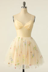 Fancy Dress, Champagne Tulle A-Line Homecoming Dress with Embroidery