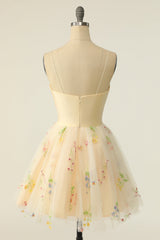 Long Dress, Champagne Tulle A-Line Homecoming Dress with Embroidery