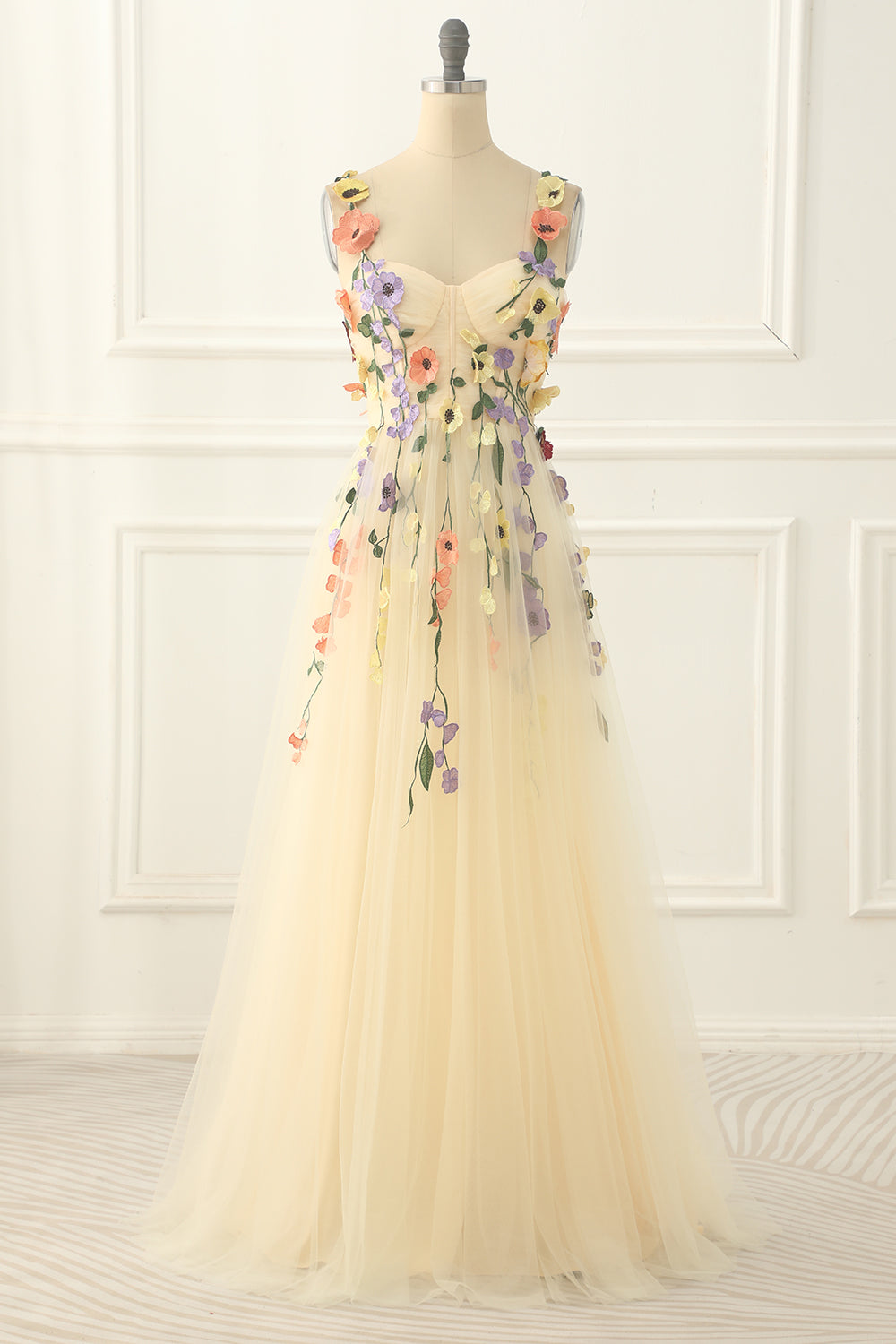 Simple Prom Dress, Champagne Tulle A-line Prom Dress with Appliques