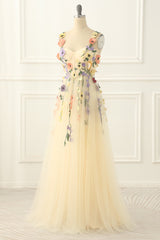 Unique Wedding Dress, Champagne Tulle A-line Prom Dress with Appliques