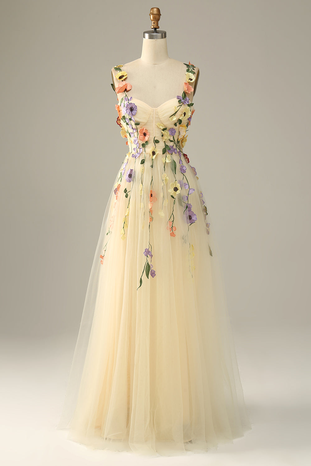 Rustic Wedding Dress, Champagne Spaghetti Straps Prom Dress With 3D Flowers