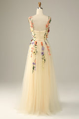 Summer Wedding Color, Champagne Spaghetti Straps Prom Dress With 3D Flowers