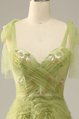 Party Dress Satin, Light Green A-Line Prom Dress With Embroidery