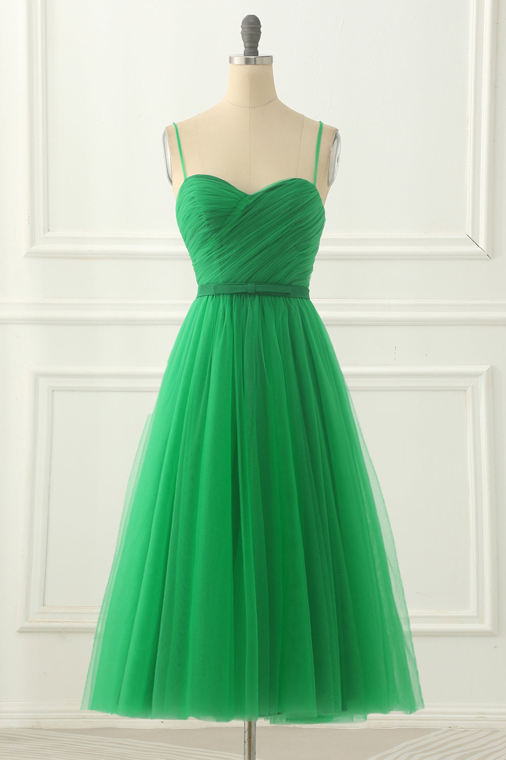 Pretty Prom Dress, Green Spaghetti Straps Tulle Prom Dress with Sash