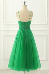 Fall Wedding Ideas, Green Spaghetti Straps Tulle Prom Dress with Sash