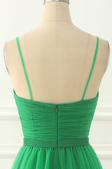 Prom Shoes, Green Spaghetti Straps Tulle Prom Dress with Sash