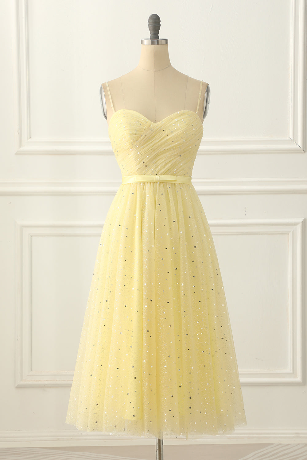 Party Dress 2029, Yellow Tulle Spaghetti Straps Midi Sparkly Prom Dress