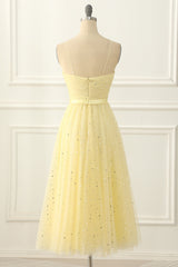 Party Dresses 2027, Yellow Tulle Spaghetti Straps Midi Sparkly Prom Dress