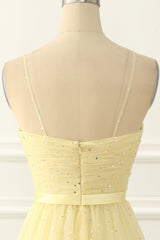 Party Dress And Gown, Yellow Tulle Spaghetti Straps Midi Sparkly Prom Dress