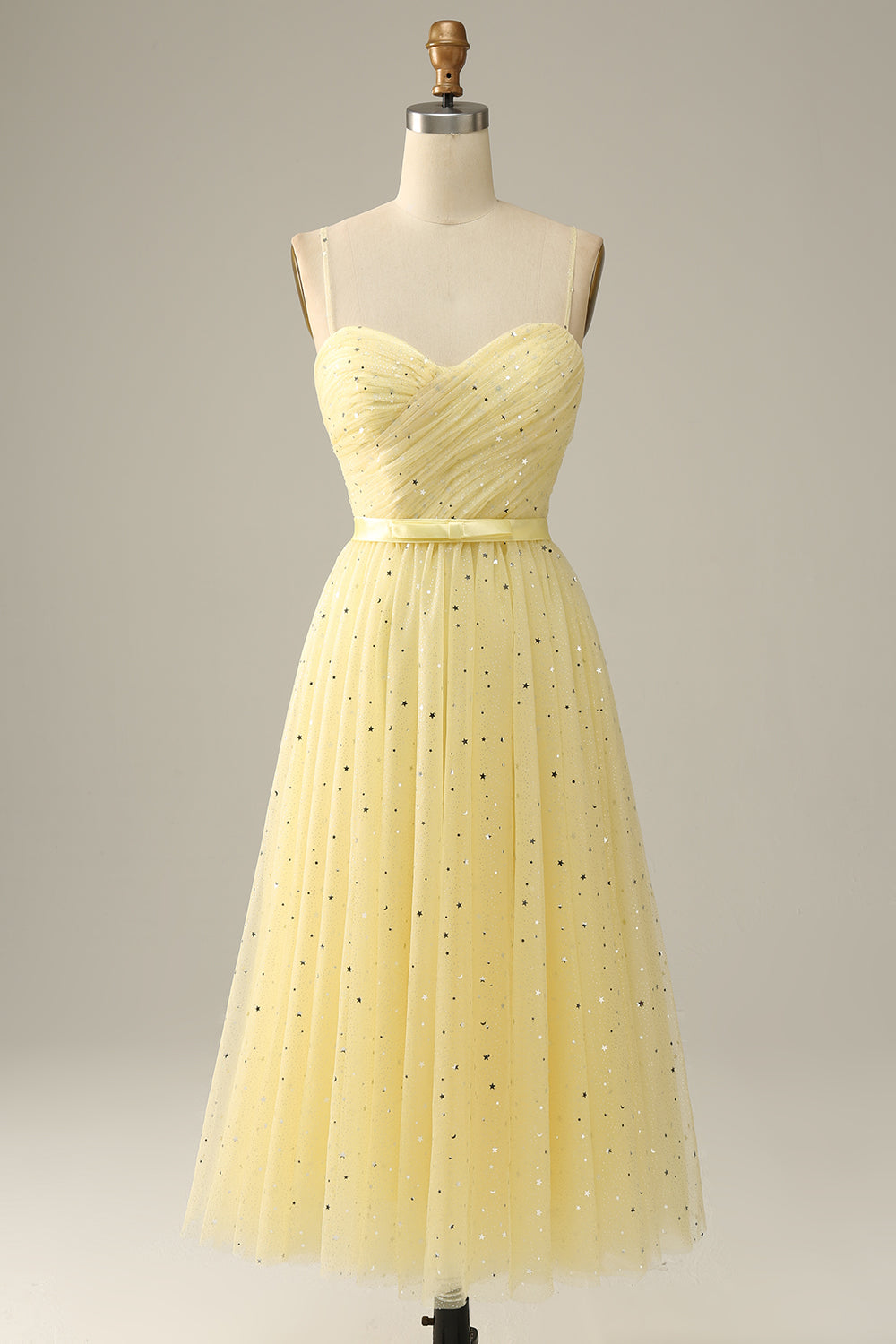 Prom Dresses Long Mermaid, Yellow Spaghetti Straps Tea Length Prom Dress