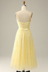 Prom Dress Purple, Yellow Spaghetti Straps Tea Length Prom Dress