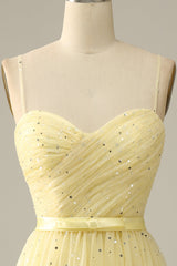 Prom Dresses For Curvy Figure, Yellow Spaghetti Straps Tea Length Prom Dress