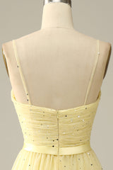 Prom Dresses For Curvy Figures, Yellow Spaghetti Straps Tea Length Prom Dress