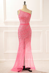 Bridesmaid Dress Online, One Shoulder Hot Pink Sparkly Long Prom Dress with Slit