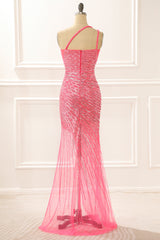 Bridesmaid Dresses Color Schemes, One Shoulder Hot Pink Sparkly Long Prom Dress with Slit