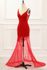 Prom Dress Fairy, Asymmetrical Red Prom Dress with Embroidery