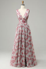 Bridesmaid Dresses Color Schemes, Grey and Pink Floral Long Bridesmaid Dress