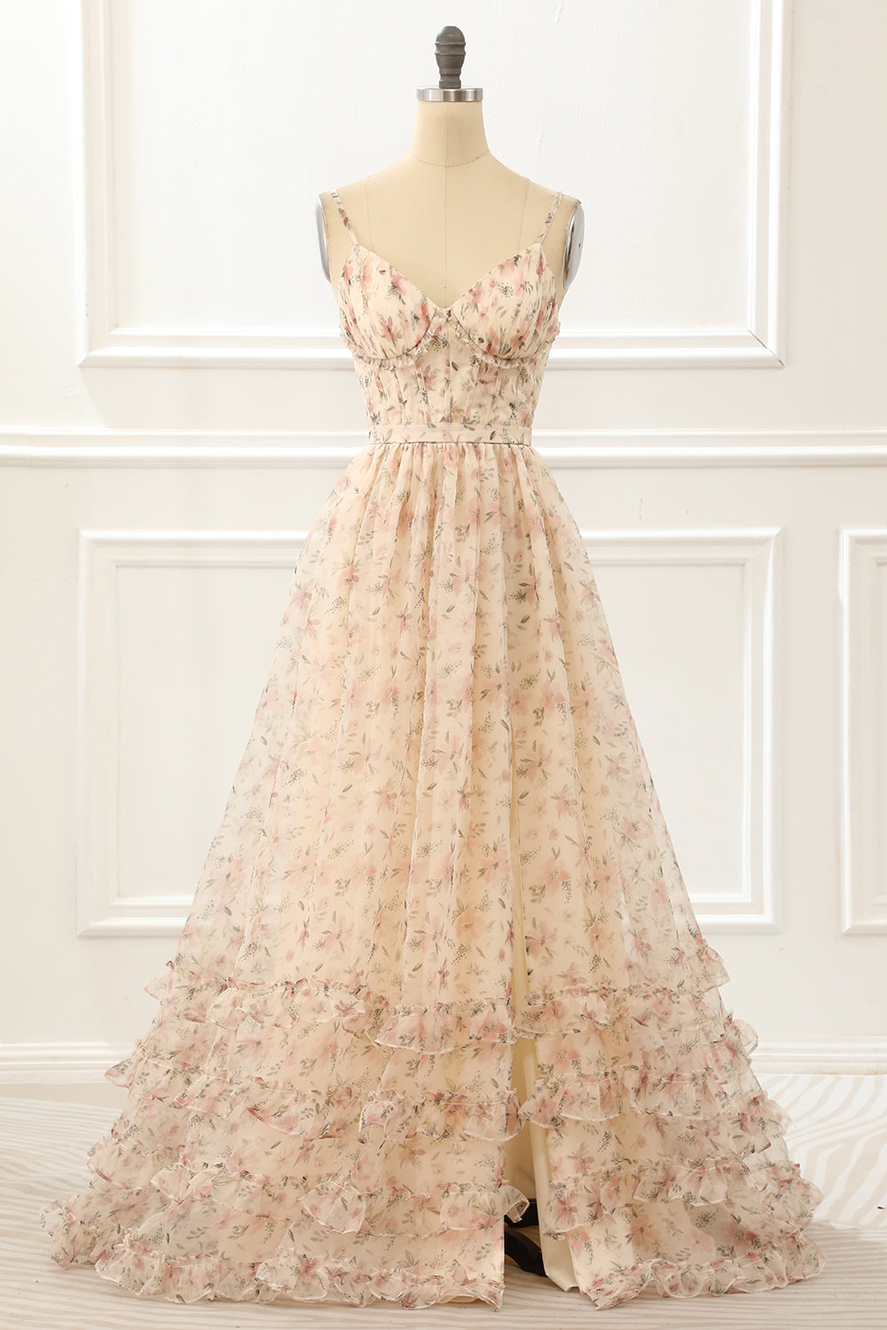 Bridesmaid Dress Beach, A Line Print Spaghetti Straps Prom Dress with Slit