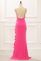Prom Dress Blue Lace, Hot Pink Satin Ruffles Prom Dress with Slit