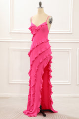 Prom Dresses Light Blue, Hot Pink Satin Ruffles Prom Dress with Slit