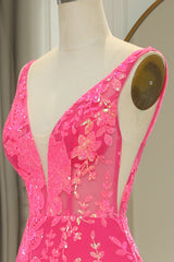 Prom Dress Trends 2045, Sparkly Fuchsia Mermaid V Neck Long Prom Dress With Sequined Appliques