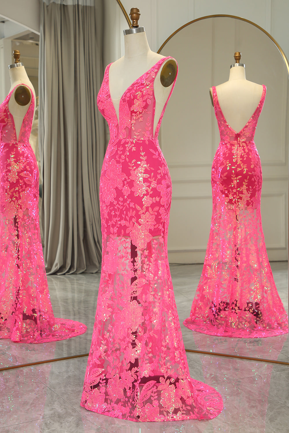 Prom Dress Ideas 2045, Sparkly Fuchsia Mermaid V Neck Long Prom Dress With Sequined Appliques