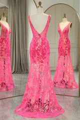 Prom Dress Places, Sparkly Fuchsia Mermaid V Neck Long Prom Dress With Sequined Appliques
