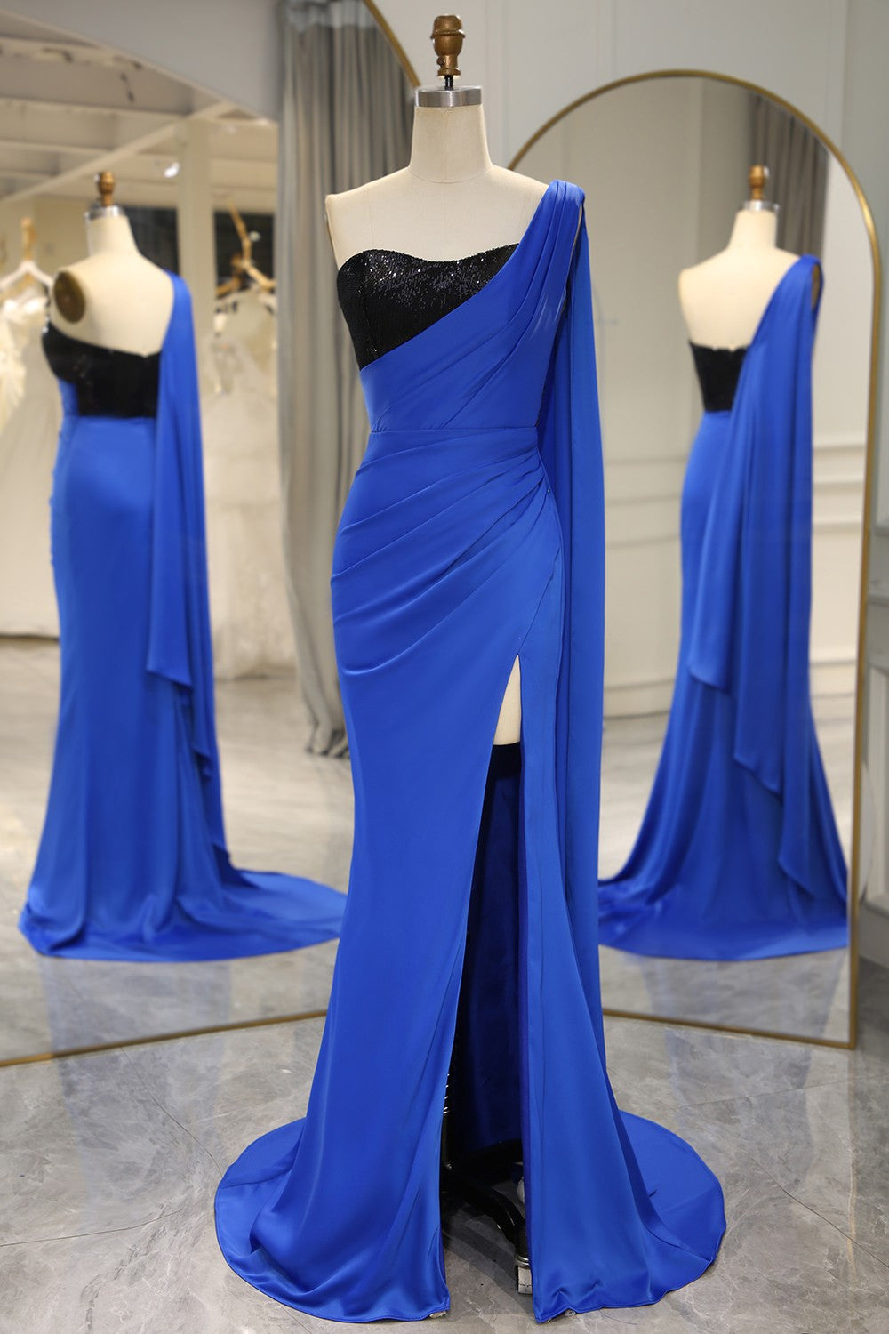 Prom Dress Boho, Royal Blue Mermaid One Shoulder Long Prom Dress With Shawl And Slit