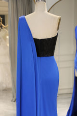 Prom Dress With Long Sleeves, Royal Blue Mermaid One Shoulder Long Prom Dress With Shawl And Slit